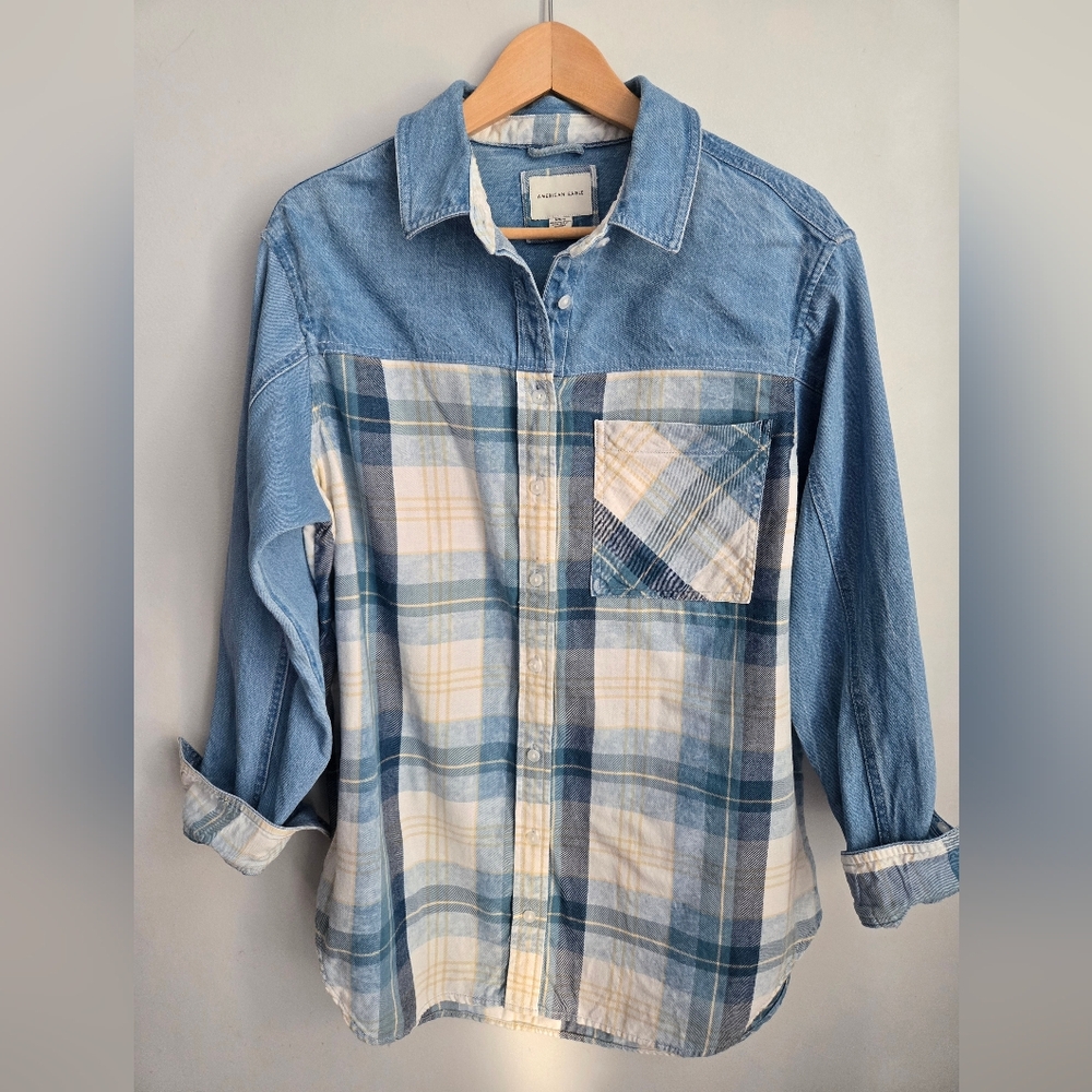 AMERICAN EAGLE Blue Plaid Cotton Button Down Shirt